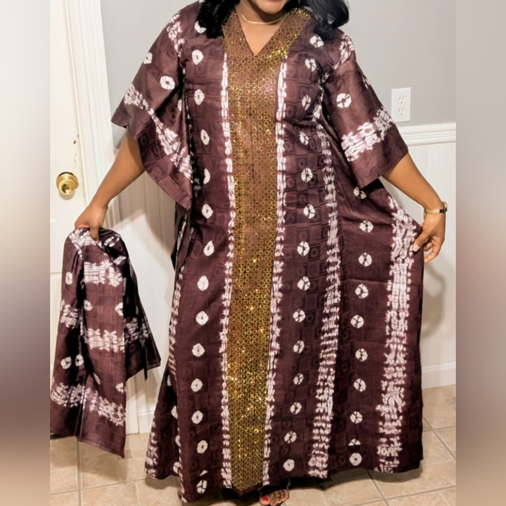 Brown and White Patterned African Kaftan